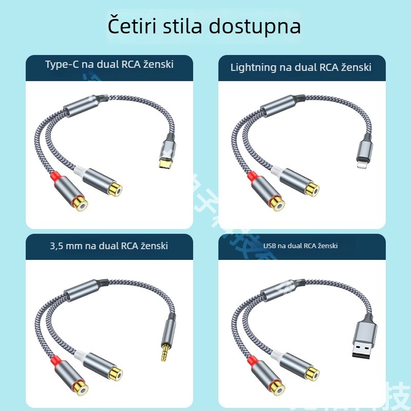 USB-C na 3,5 mm stereo adapter kabel s dva RCA ženski izlaz, zlatni premaz, bakrena jezgra, OEM dostupno