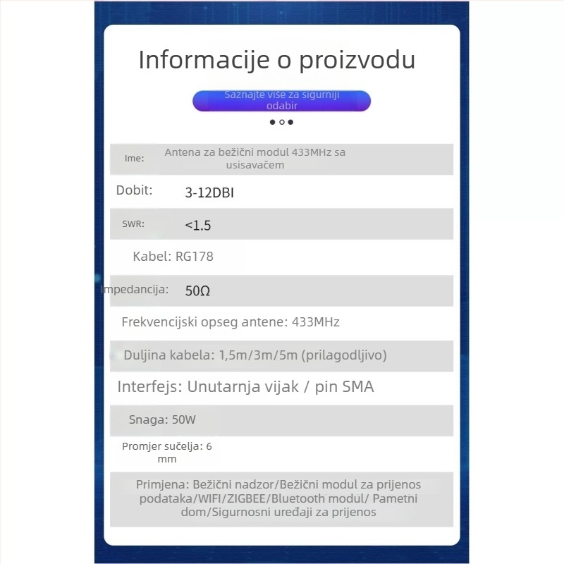 LoRa antena s visokim ziskom 12 dBi, 433 MHz, antena za bežični modul s usisnom čašom WEIHAN