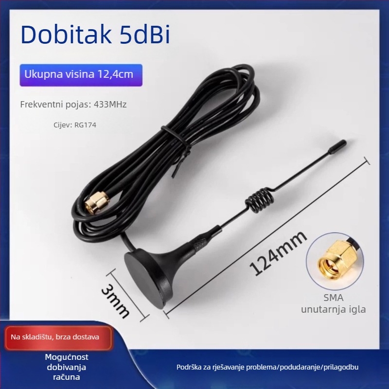 LoRa antena s visokim ziskom 12 dBi, 433 MHz, antena za bežični modul s usisnom čašom WEIHAN