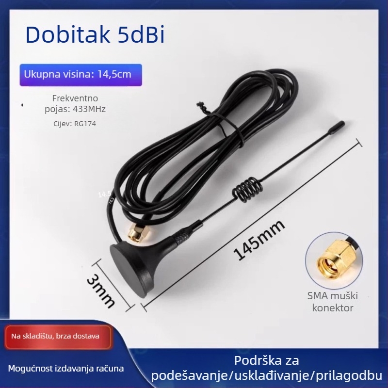 LoRa antena s visokim ziskom 12 dBi, 433 MHz, antena za bežični modul s usisnom čašom WEIHAN