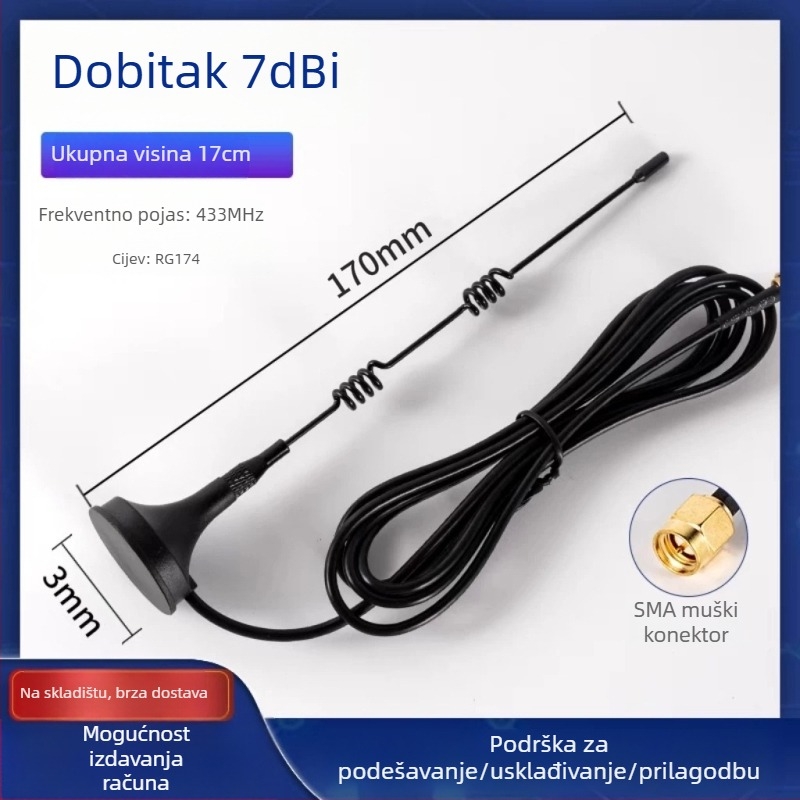 LoRa antena s visokim ziskom 12 dBi, 433 MHz, antena za bežični modul s usisnom čašom WEIHAN