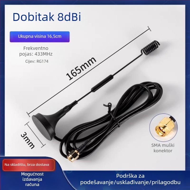 LoRa antena s visokim ziskom 12 dBi, 433 MHz, antena za bežični modul s usisnom čašom WEIHAN