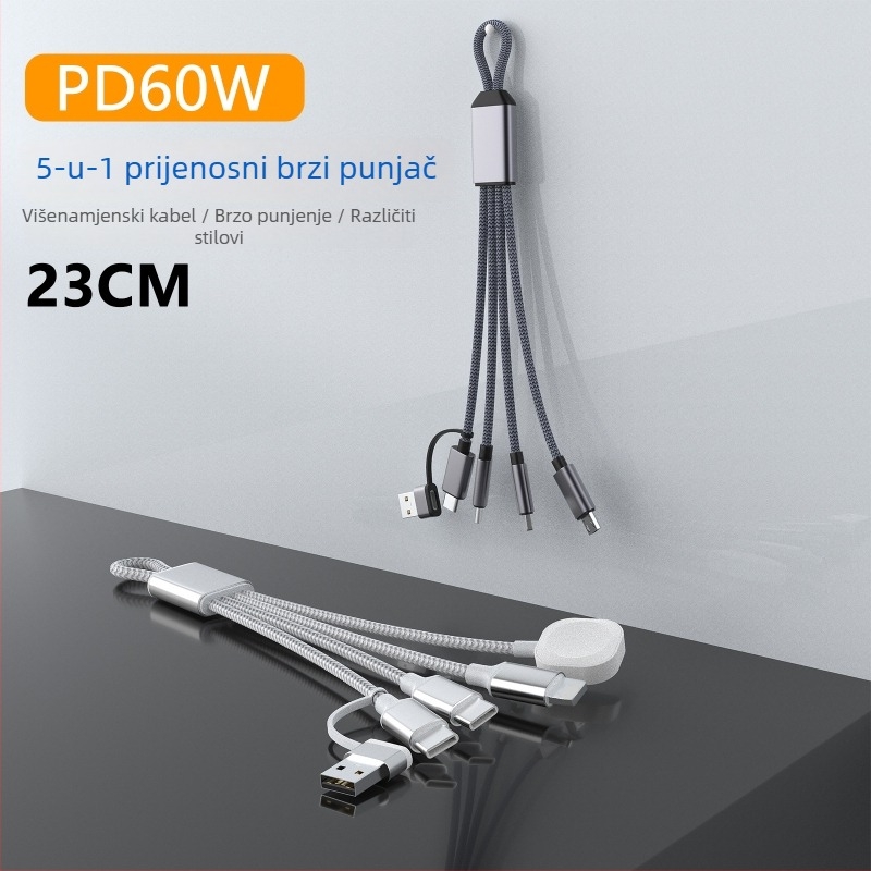 PD60W višenamjenski kabel za brzo punjenje s Lightning, Micro-USB i Type-C; za tablete, prijenosna računala i telefone; duljina do 0,5 m; najlon navlaka; max 60W; boje sivo-bijela i tamno siva