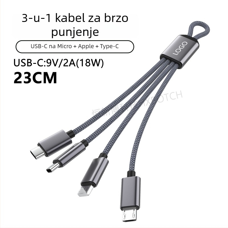 PD60W višenamjenski kabel za brzo punjenje s Lightning, Micro-USB i Type-C; za tablete, prijenosna računala i telefone; duljina do 0,5 m; najlon navlaka; max 60W; boje sivo-bijela i tamno siva