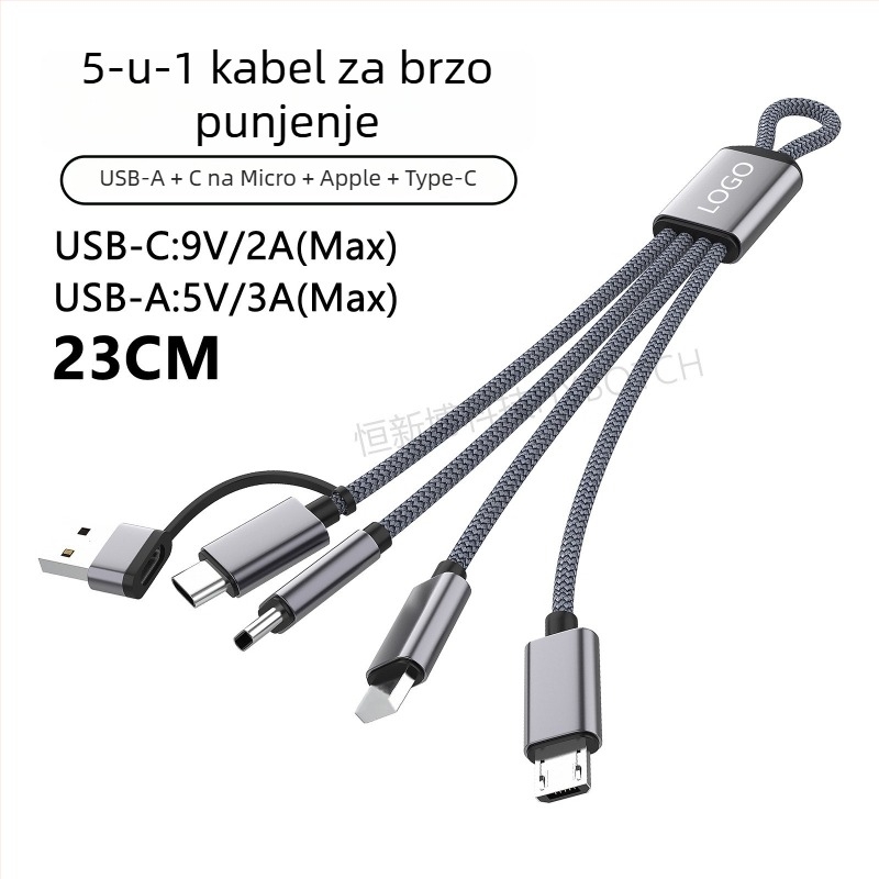PD60W višenamjenski kabel za brzo punjenje s Lightning, Micro-USB i Type-C; za tablete, prijenosna računala i telefone; duljina do 0,5 m; najlon navlaka; max 60W; boje sivo-bijela i tamno siva