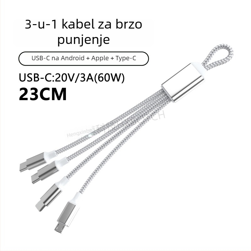 PD60W višenamjenski kabel za brzo punjenje s Lightning, Micro-USB i Type-C; za tablete, prijenosna računala i telefone; duljina do 0,5 m; najlon navlaka; max 60W; boje sivo-bijela i tamno siva