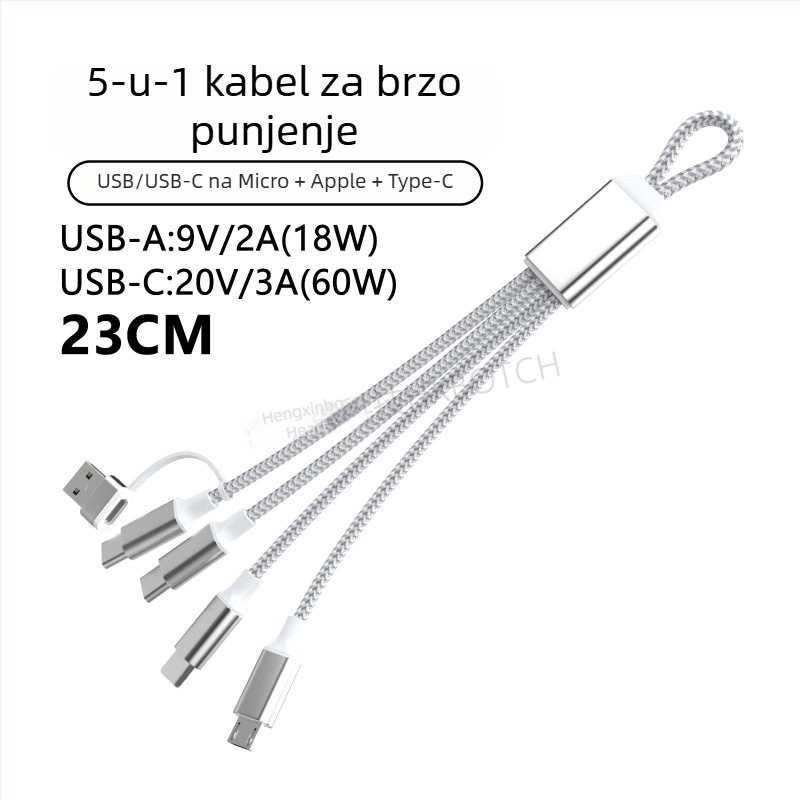 PD60W višenamjenski kabel za brzo punjenje s Lightning, Micro-USB i Type-C; za tablete, prijenosna računala i telefone; duljina do 0,5 m; najlon navlaka; max 60W; boje sivo-bijela i tamno siva