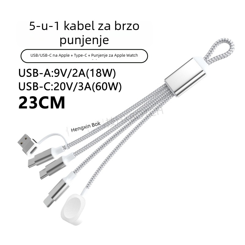 PD60W višenamjenski kabel za brzo punjenje s Lightning, Micro-USB i Type-C; za tablete, prijenosna računala i telefone; duljina do 0,5 m; najlon navlaka; max 60W; boje sivo-bijela i tamno siva