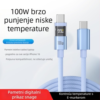 Kabl USB-C s pametnim digitalnim zaslonom, 100W brzo punjenje, pleteni najlon, QC kompatibilan, za Apple i Huawei uređaje