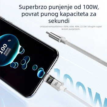 Kabl USB-C s pametnim digitalnim zaslonom, 100W brzo punjenje, pleteni najlon, QC kompatibilan, za Apple i Huawei uređaje