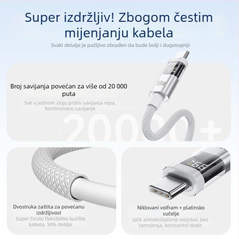 Kabl USB-C s pametnim digitalnim zaslonom, 100W brzo punjenje, pleteni najlon, QC kompatibilan, za Apple i Huawei uređaje