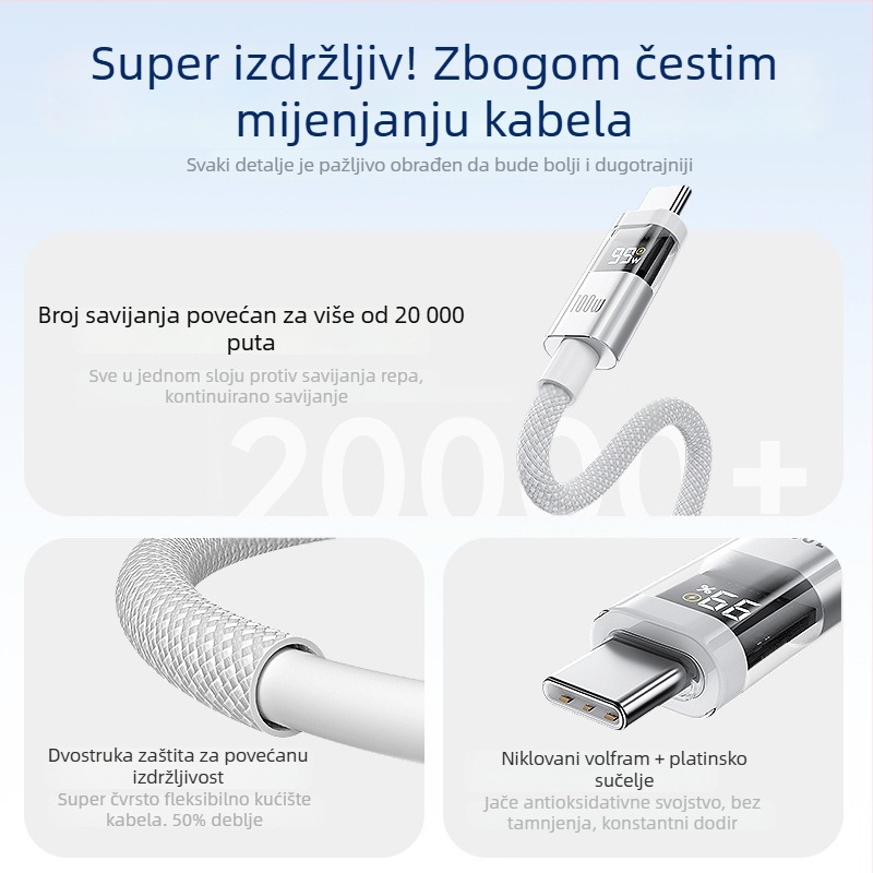 Kabl USB-C s pametnim digitalnim zaslonom, 100W brzo punjenje, pleteni najlon, QC kompatibilan, za Apple i Huawei uređaje