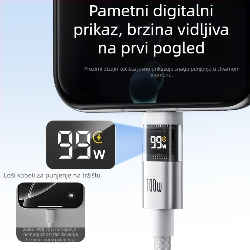 Kabl USB-C s pametnim digitalnim zaslonom, 100W brzo punjenje, pleteni najlon, QC kompatibilan, za Apple i Huawei uređaje