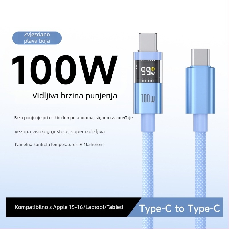 Kabl USB-C s pametnim digitalnim zaslonom, 100W brzo punjenje, pleteni najlon, QC kompatibilan, za Apple i Huawei uređaje