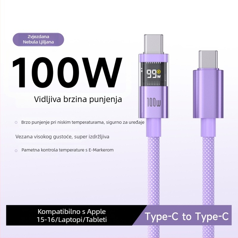 Kabl USB-C s pametnim digitalnim zaslonom, 100W brzo punjenje, pleteni najlon, QC kompatibilan, za Apple i Huawei uređaje