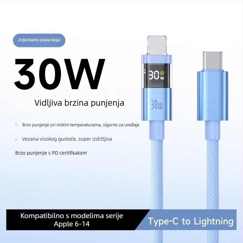 Kabl USB-C s pametnim digitalnim zaslonom, 100W brzo punjenje, pleteni najlon, QC kompatibilan, za Apple i Huawei uređaje