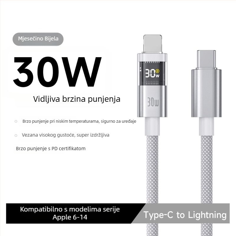 Kabl USB-C s pametnim digitalnim zaslonom, 100W brzo punjenje, pleteni najlon, QC kompatibilan, za Apple i Huawei uređaje