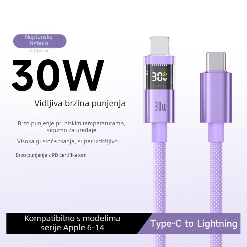 Kabl USB-C s pametnim digitalnim zaslonom, 100W brzo punjenje, pleteni najlon, QC kompatibilan, za Apple i Huawei uređaje