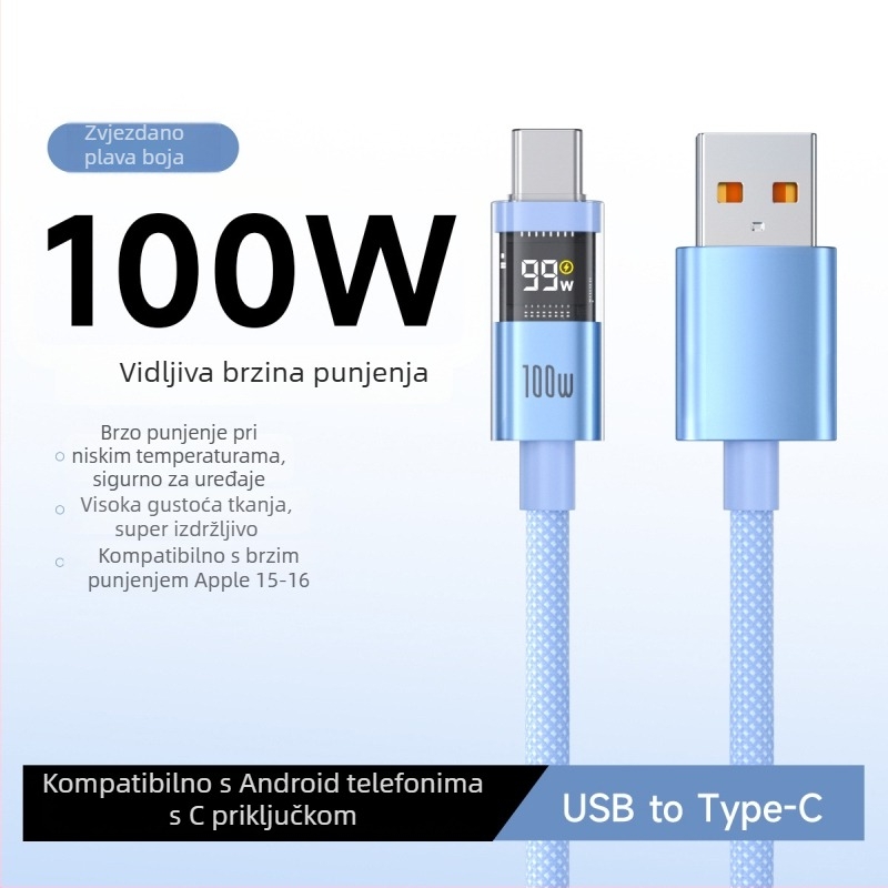 Kabl USB-C s pametnim digitalnim zaslonom, 100W brzo punjenje, pleteni najlon, QC kompatibilan, za Apple i Huawei uređaje