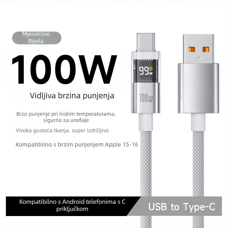 Kabl USB-C s pametnim digitalnim zaslonom, 100W brzo punjenje, pleteni najlon, QC kompatibilan, za Apple i Huawei uređaje