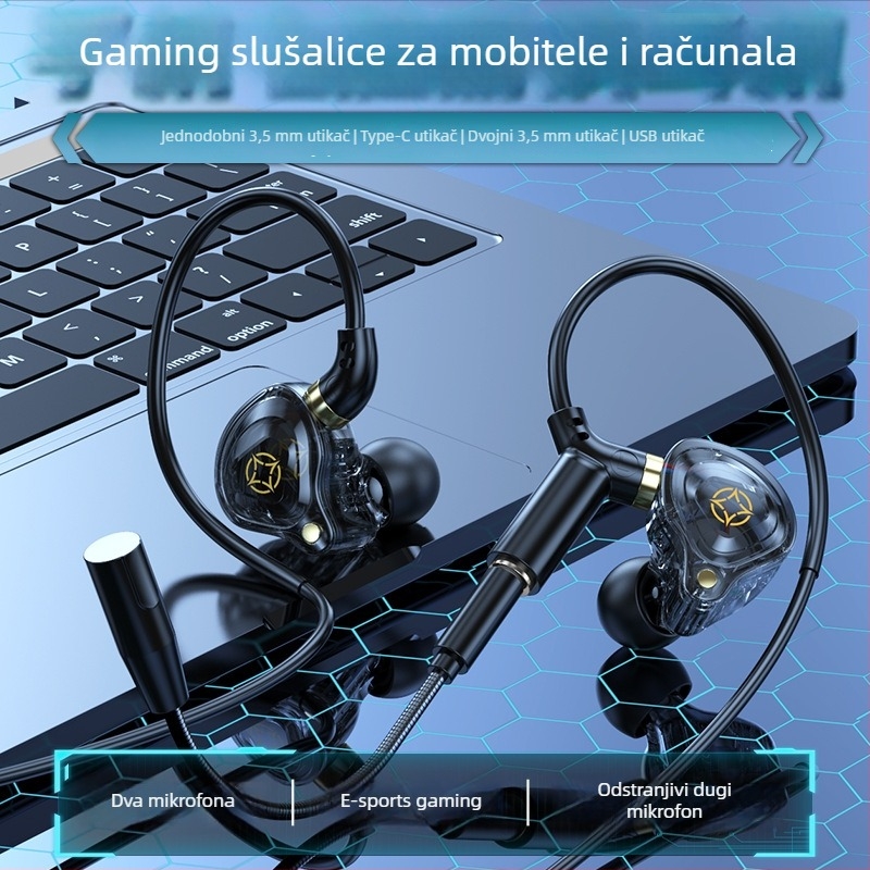 Kckz Delta žične gaming slušalice s dvostrukim mikrofonima, kompatibilnost Type-C/USB/3.5 mm dvostruki utikač, dizajn s kukom za uho, kabel 1.5–2.5 m