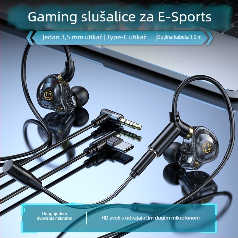 Kckz Delta žične gaming slušalice s dvostrukim mikrofonima, kompatibilnost Type-C/USB/3.5 mm dvostruki utikač, dizajn s kukom za uho, kabel 1.5–2.5 m