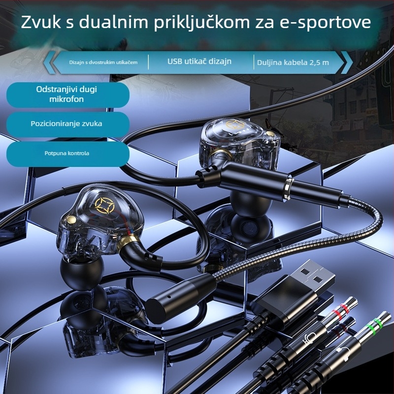 Kckz Delta žične gaming slušalice s dvostrukim mikrofonima, kompatibilnost Type-C/USB/3.5 mm dvostruki utikač, dizajn s kukom za uho, kabel 1.5–2.5 m