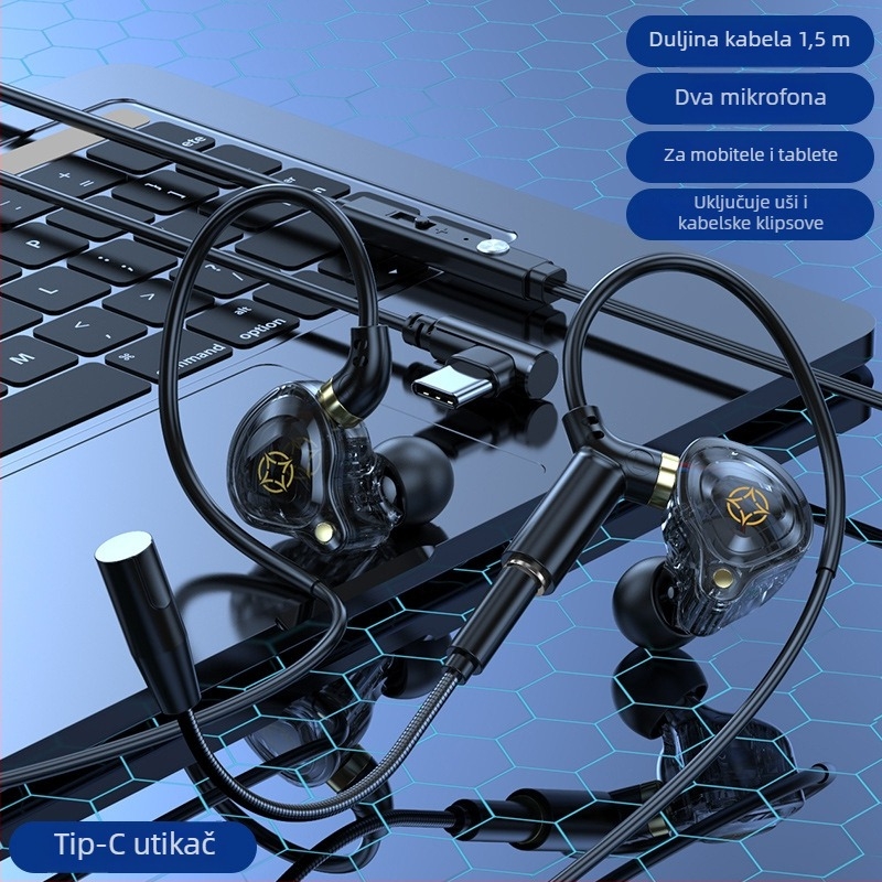 Kckz Delta žične gaming slušalice s dvostrukim mikrofonima, kompatibilnost Type-C/USB/3.5 mm dvostruki utikač, dizajn s kukom za uho, kabel 1.5–2.5 m