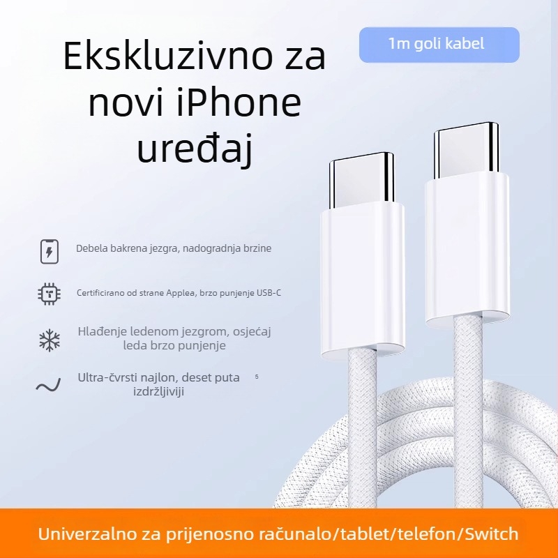 Pleteni USB-C–USB-C podatkovni kabel, 60W brzo punjenje, duljina 1–2 m, za Apple tablete