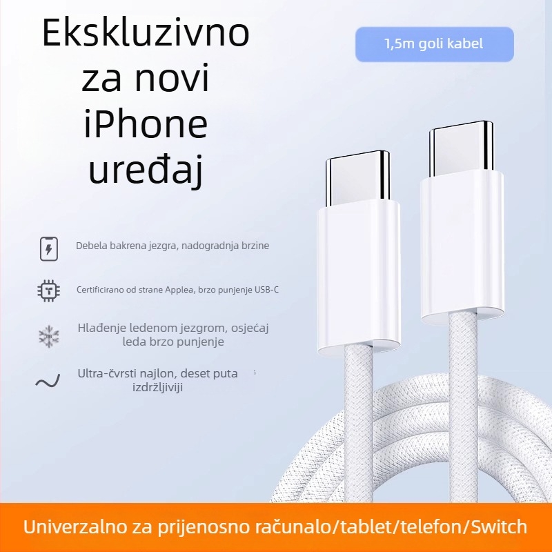 Pleteni USB-C–USB-C podatkovni kabel, 60W brzo punjenje, duljina 1–2 m, za Apple tablete
