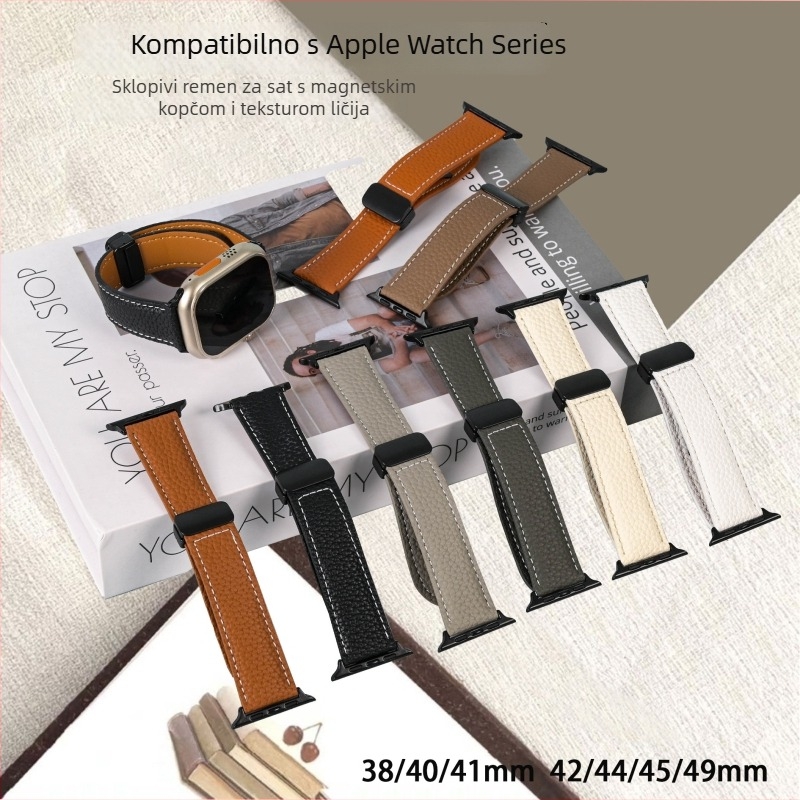 Kožni remen za Apple Watch s teksturom liči i magnetskim sklopivim kopčama (38/40/41mm, 42/44/45mm)