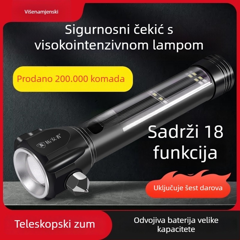 Automobilski sigurnosni čekić sa LED svjetlom, 4-u-1 alat za razbijanje prozora i spašavanje