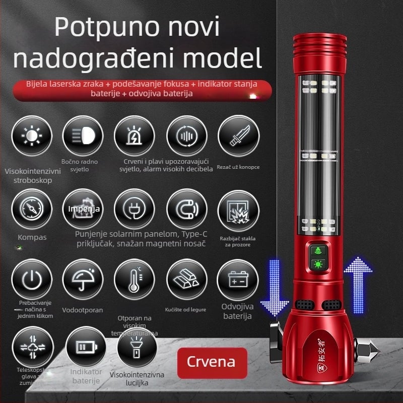 Automobilski sigurnosni čekić sa LED svjetlom, 4-u-1 alat za razbijanje prozora i spašavanje