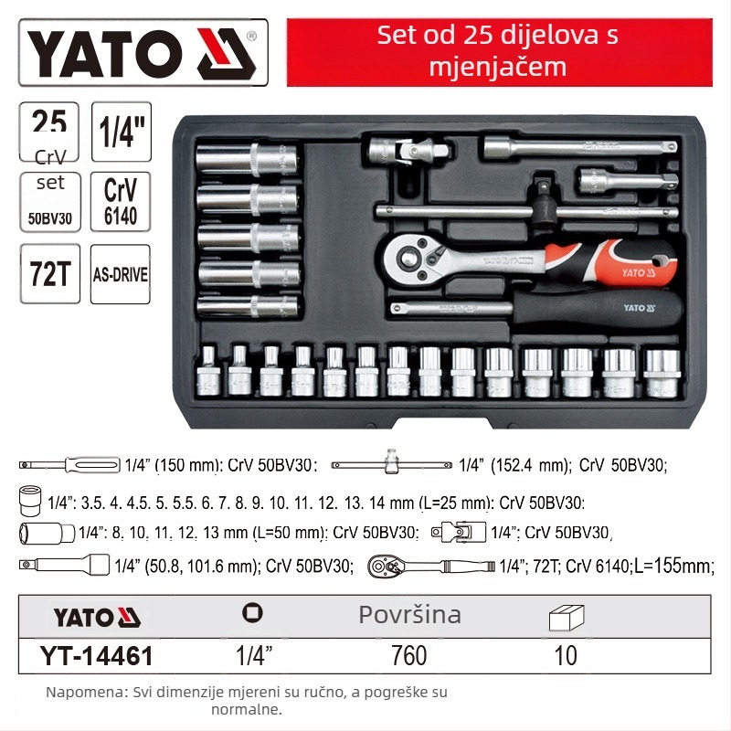 Set utičnih ključeva s 1/4-inč pogonom, krom-vanadij čelik, marka Yato