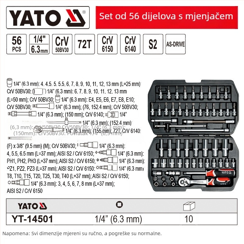 Set utičnih ključeva s 1/4-inč pogonom, krom-vanadij čelik, marka Yato