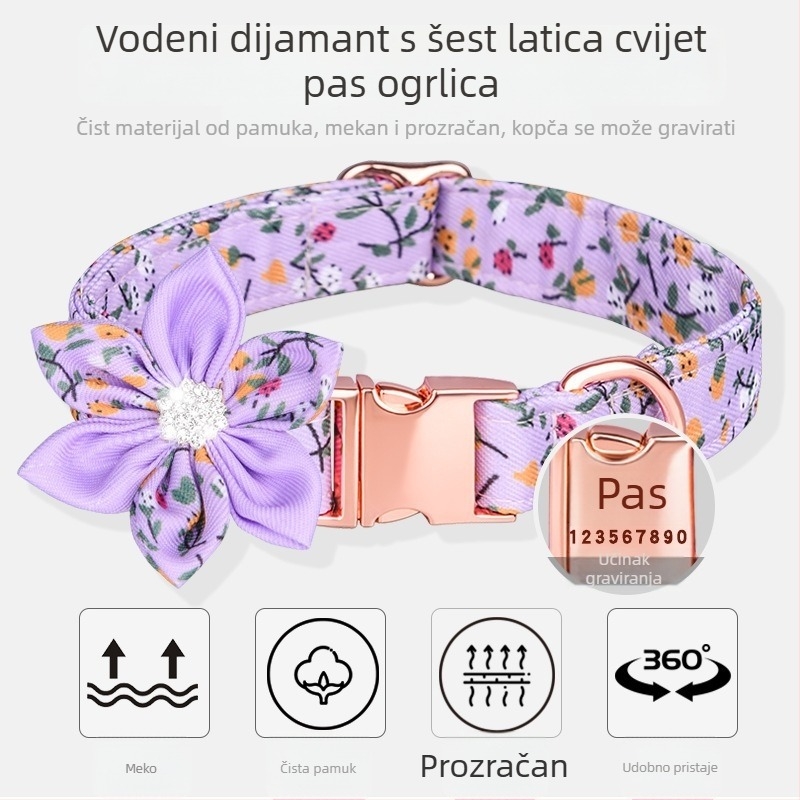 Gravirani psi ovratnik s odvojnom mašnicom – floralni uzorak, materijal od 100% pamuka, univerzalna veličina, udobnost tijekom cijele godine