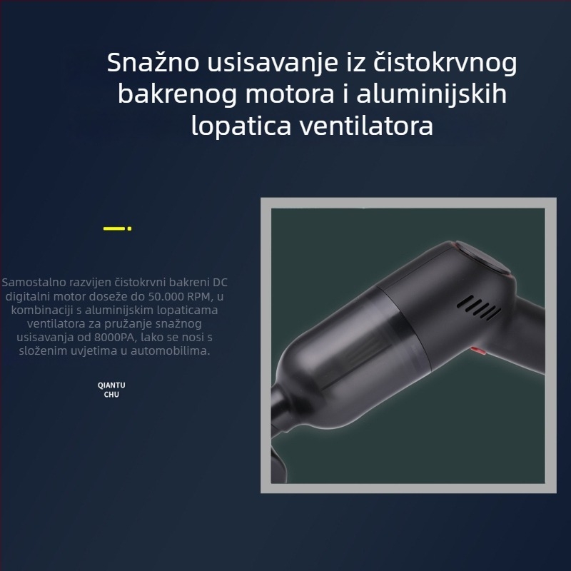 Mini usisavač za auto – bežični ručni, 9000Pa usisavanja, 7.4V, 120W, punjivi