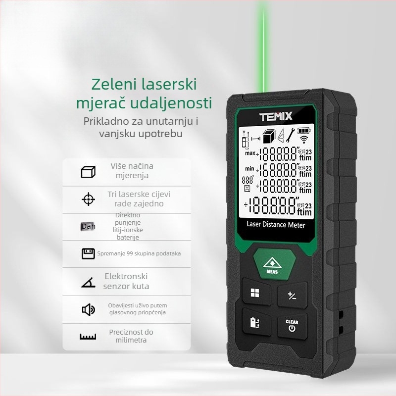 Laser mjerač udaljenosti, ručni, za unutarnju i vanjsku upotrebu, punjivi