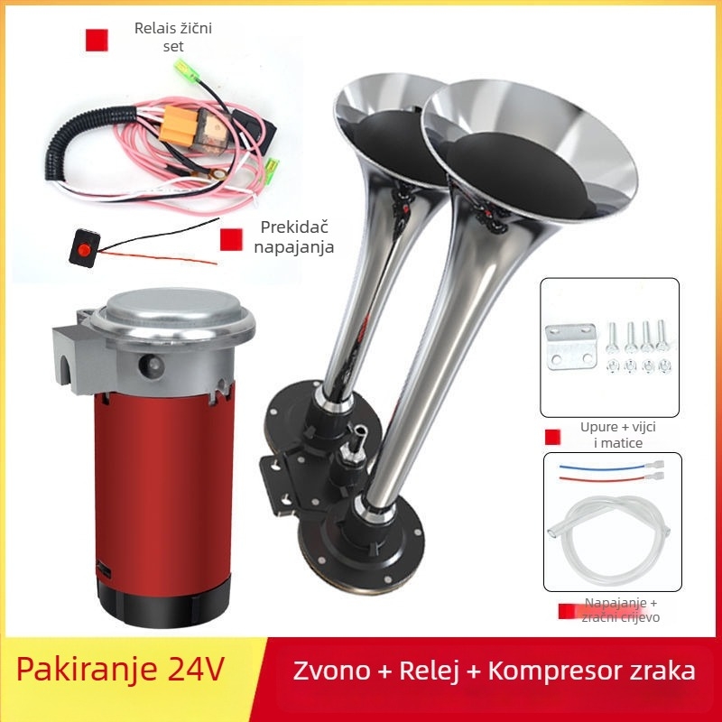 Zračni klaxon za kamione i morska plovila 12/24V, visok zvuk, s pumpom zraka