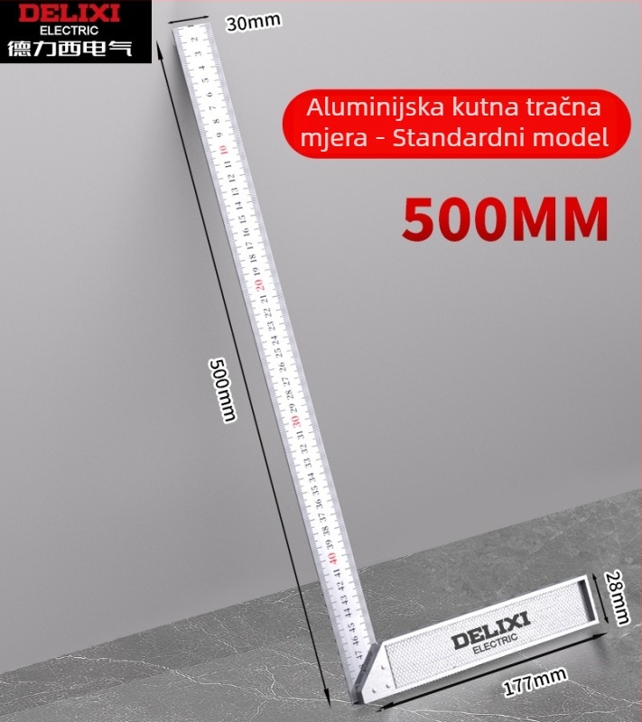 Delixi Electric Potpuno aluminijsko pravokutno ravnalo s 90°, debeli, višenamjenski, visoka preciznost za drvarstvo