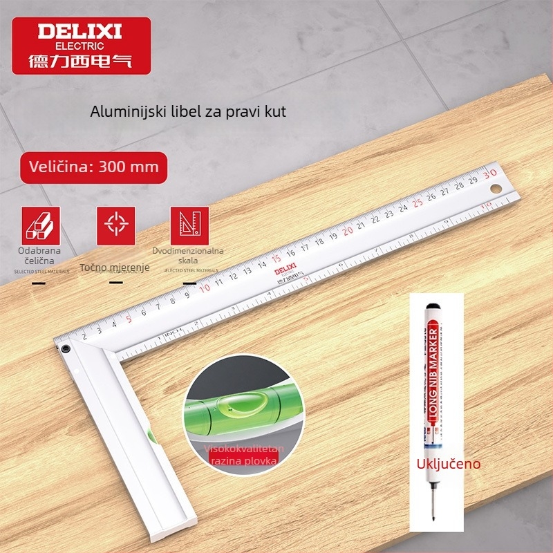 Delixi Electric Potpuno aluminijsko pravokutno ravnalo s 90°, debeli, višenamjenski, visoka preciznost za drvarstvo