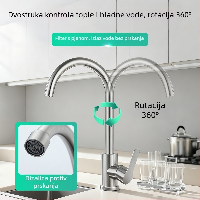 Kuhinjski slavina od nehrđajućeg čelika 304, brušena površina, jednoručni miješalac za toplu i hladnu vodu, za sudoper