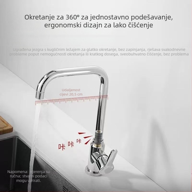 Nehrđajući čelični kuhinjski slavine, veliki zakrivljeni dizajn s rotirajućim miješalom za toplu i hladnu vodu