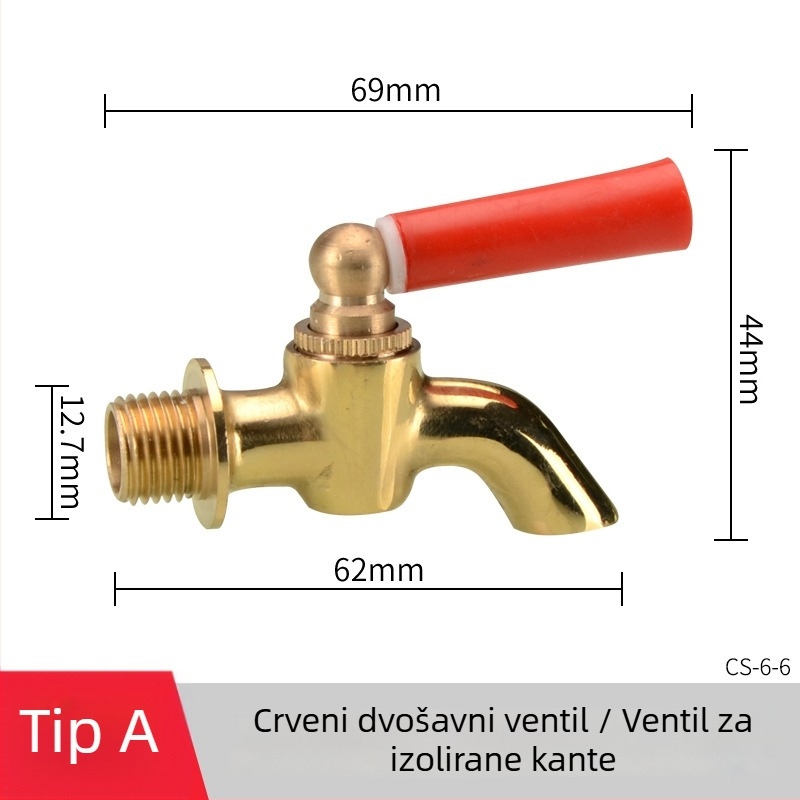 Električna slavina za toplu vodu za izolirani kanta — bakreno kućište, mjedreno jezgro ventila, navojna ugradnja, ulaz/izlaz Ø20 mm, radna temperatura 120°C