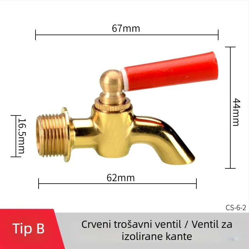 Električna slavina za toplu vodu za izolirani kanta — bakreno kućište, mjedreno jezgro ventila, navojna ugradnja, ulaz/izlaz Ø20 mm, radna temperatura 120°C