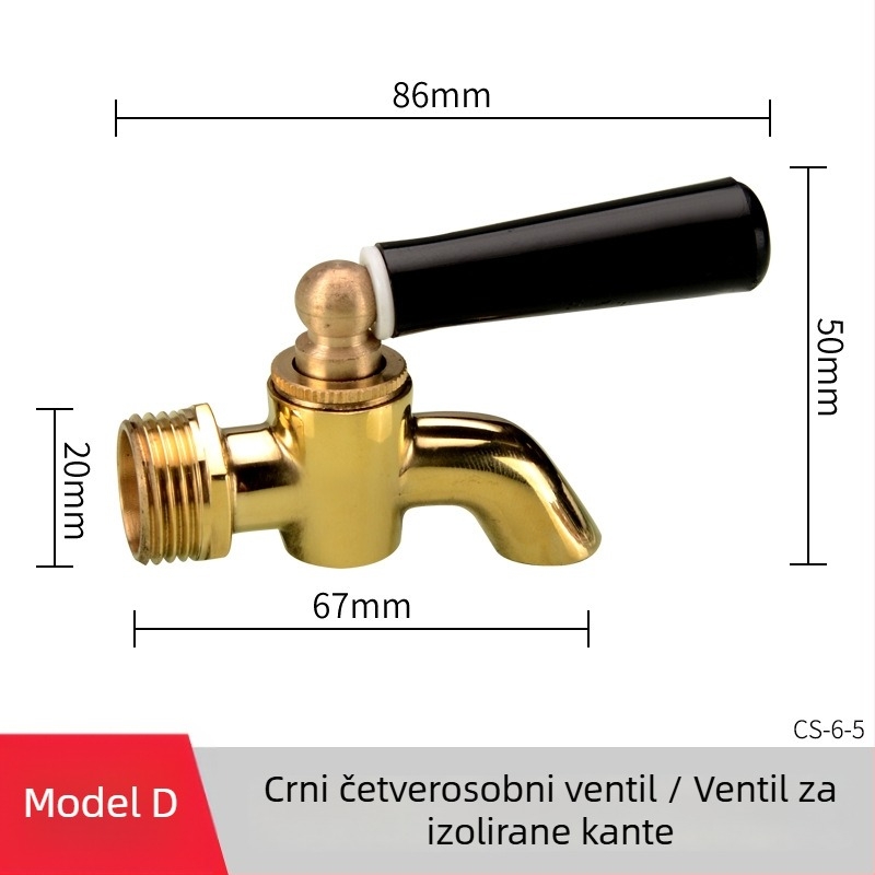 Električna slavina za toplu vodu za izolirani kanta — bakreno kućište, mjedreno jezgro ventila, navojna ugradnja, ulaz/izlaz Ø20 mm, radna temperatura 120°C