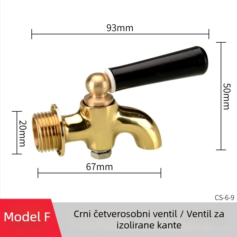 Električna slavina za toplu vodu za izolirani kanta — bakreno kućište, mjedreno jezgro ventila, navojna ugradnja, ulaz/izlaz Ø20 mm, radna temperatura 120°C