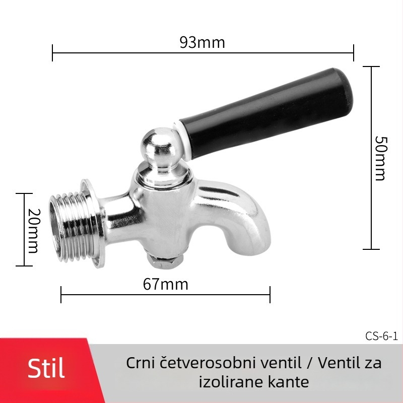 Električna slavina za toplu vodu za izolirani kanta — bakreno kućište, mjedreno jezgro ventila, navojna ugradnja, ulaz/izlaz Ø20 mm, radna temperatura 120°C