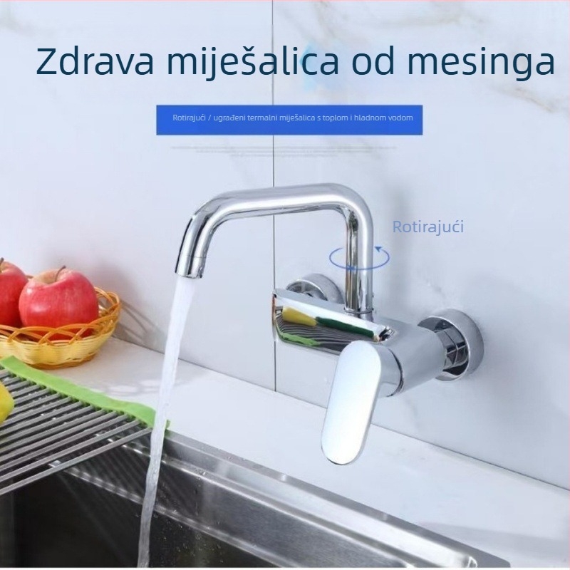 Kuhinjska slavina za sudoper, topla i hladna voda, od bakra, zidna montaža, okretna, protiv prskanja, aerirana mlaznica