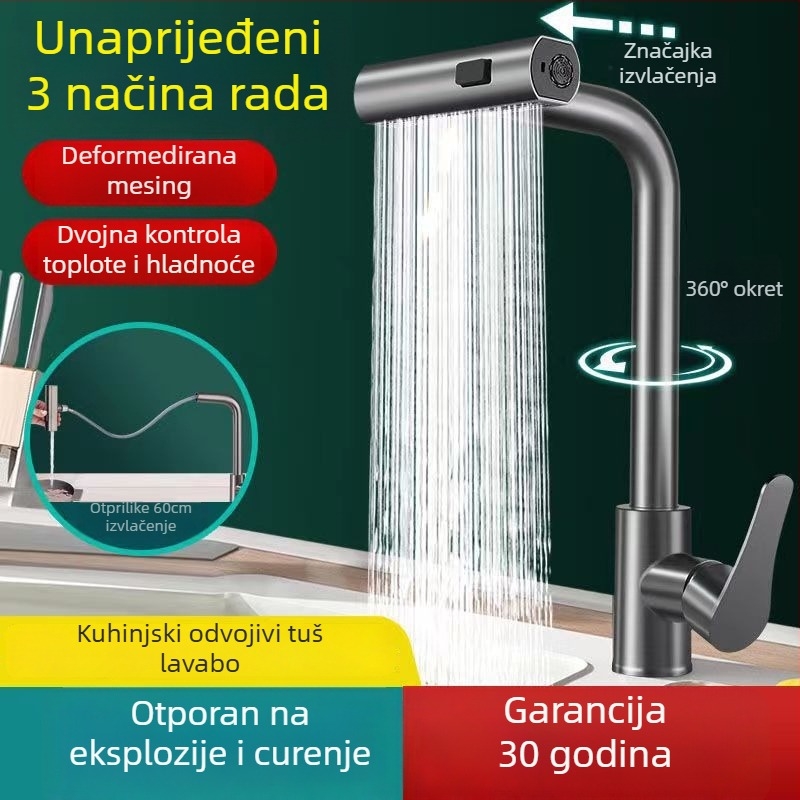 Kuhinjska slavina s izvlačnom glavom, trostruka funkcija, bakreno tijelo, keramički jezgreni ventil, nazivni tlak 1 MPa
